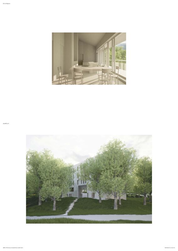 Image of a modern dining area with large windows and lots of natural light above an image of a building surrounded by trees.