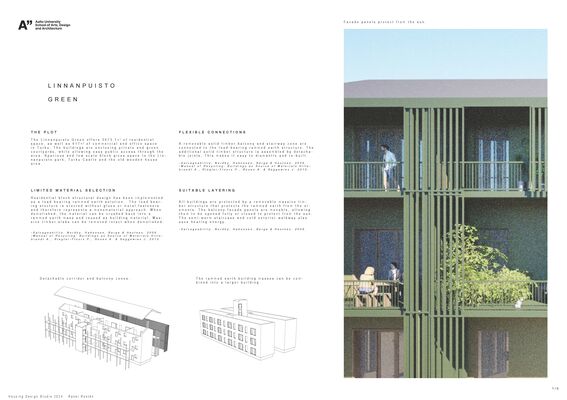Architectural design with text and an illustration of a building with green facade panels and balconies, showing people interacting on different floors. Including diagrams of different features of the building. 