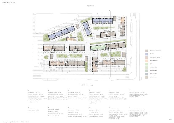 A detailed first floor plan showing various spaces, including different apartment types and auxiliary facilities,  commercial spaces, shared spaces and offices. Spaces are coded with colours and letters, and described in the text section. 