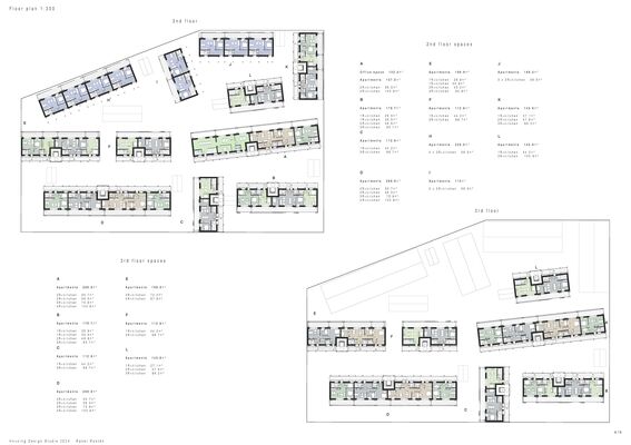 Architectural floor plans of the 2nd and 3rd floors showing various apartment layouts and labels for each unit. 