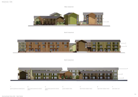 Architectural elevations of a residential complex from different directions with green and brown facades. 