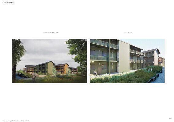 Two architectural images: left shows buildings from a park; right shows a courtyard with green areas and balconies. Facades are green and brown. 