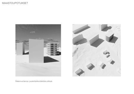 Two architectural models of urban buildings standing in uneven landscape. Pictures are black and white.