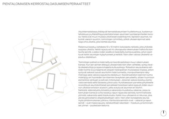 Top view drawing of a building layout with two squares connected by an outdoor area. The image has text in Finnish.
