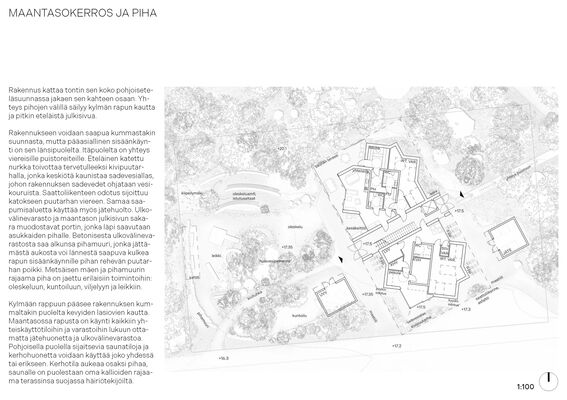 A black and white detailed architectural site plan of a ground floor with surrounding garden and paths. Including a block of text.