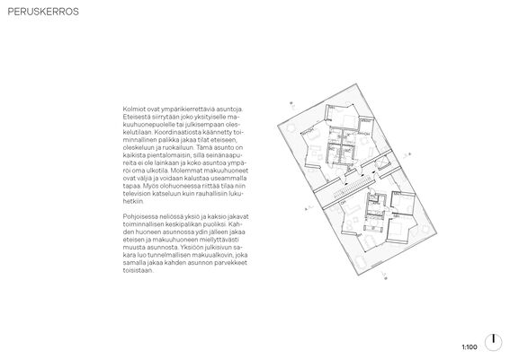 An architectural floor plan of the main floor with detailed layout and descriptions in Finnish text.
