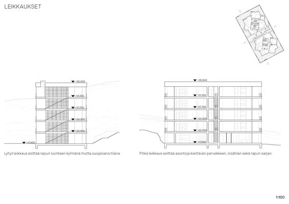 Architectural drawings showing sectional views of a building with detailed measurements. Picture is black and white.