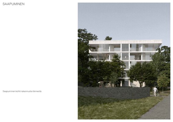 A man walks towards a modern, multi-storey building surrounded by trees and greenery.