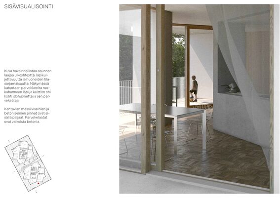 Modern flat interior showing a dining area with wooden elements. A child is seen playing on a balcony through glass doors.