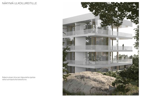 Modern white multi-storey building with balconies, surrounded by trees and a large rock in the foreground.