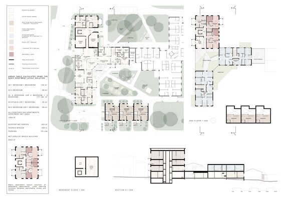 Architectural floor plans with detailed apartment layouts and outdoor areas in shades of pink, green and grey. Including areas table and section A.