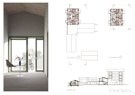 Left: minimalist room with green-framed doors and wheelchair on balcony. Right: detailed architectural floor plans and building section.