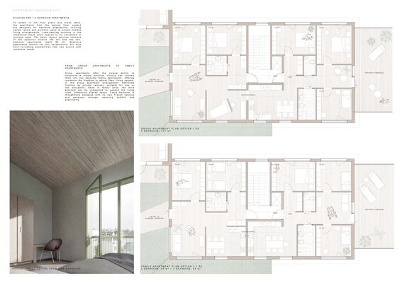 Architectural drawings of two apartment plan options and an image of a spacious light-filled bedroom with large windows and a balcony view.