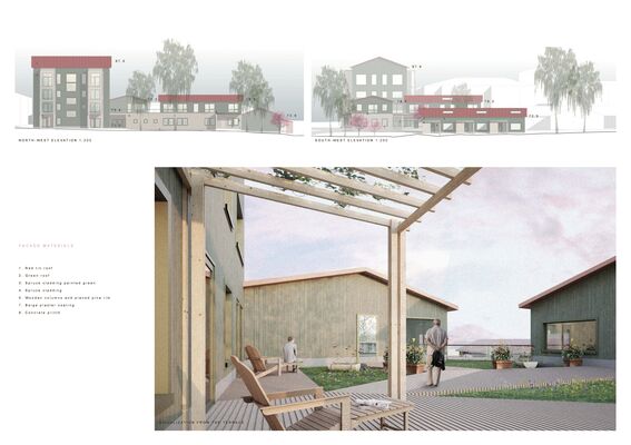 Architectural render showing elevations of residential buildings with red and green facades and trees. Below a visualization of a terrace with people and greenery.