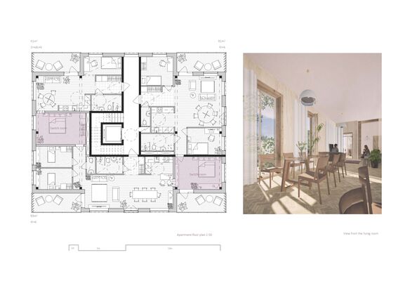 An apartment floor plan showing rooms and furnishings alongside a visualization of the view from the living room with large windows and wooden furniture. 