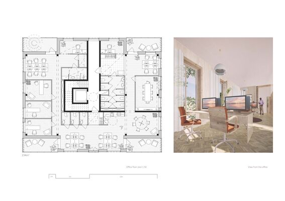 Office floor plan with a view of a modern office, showing workspaces, desks, chairs, and computer screens with large windows. 