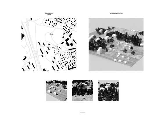 A map showing buildings alongside a 3D model of a planned urban area, with buildings, trees, and roads displayed. Pictures are black and white.