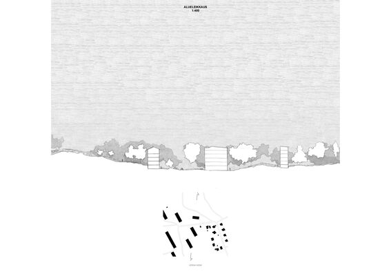 A section drawing showing buildings and trees. A small map showing location of the section. Pictures are black and white.