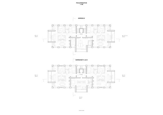 Architectural floor plans for floors IV, II, and III with detailed room arrangements.