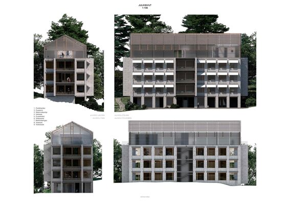 Four architectural renderings of facades of a modern apartment building surrounded by trees, materials labelled.