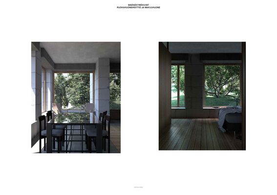 Two images show modern interiors: a dining area with a glass table, and a bedroom with a bed near large windows. Both rooms have large windows overlooking greenery.