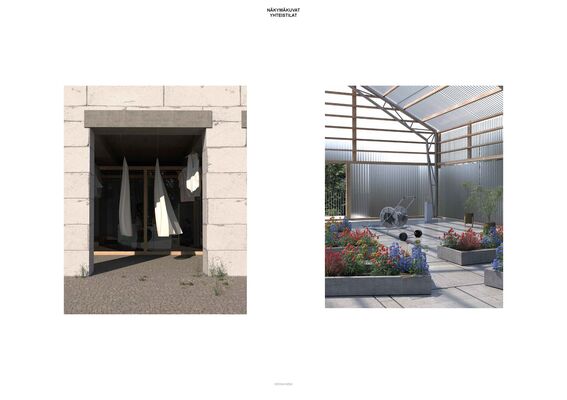 Two images of the common areas: left shows cloths hanging, right shows a greenhouse with flowers and gardening equipment.
