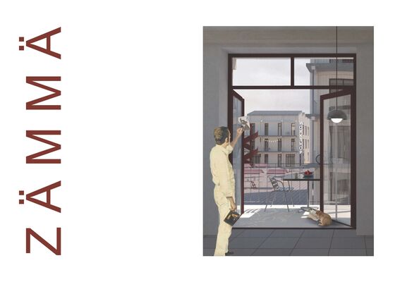 A logo of "Zämmä" on the left. On the right an illustration of the architectural design: A man in a white outfit holds a small object while looking outside from an open door. A cat lies on the floor. Burgundy red has been used as highlight color.