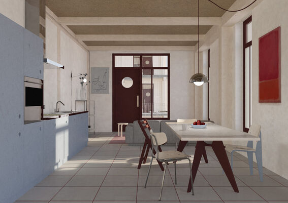 Illustration of the apartment: Modern kitchen and dining area with grey cabinets, a table, three different chairs, and a bowl of fruit on the table.