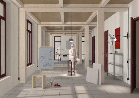 Illustration of the designed space: A spacious room with red-framed windows, a mannequin on a stool, an easel, some sketches, and a bowl with red apples.