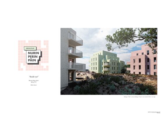 An illustration of an architectural design with text 'Inside out' on the left, and three pastel-coloured buildings surrounded by nature on the right.