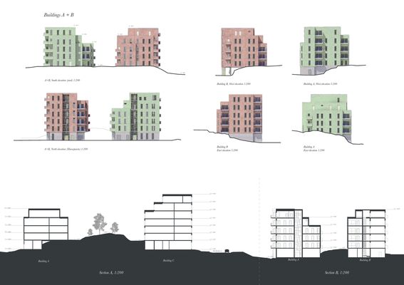 Architectural elevations and sections of two buildings, marked A and B, in green and pink hues, displaying different views.