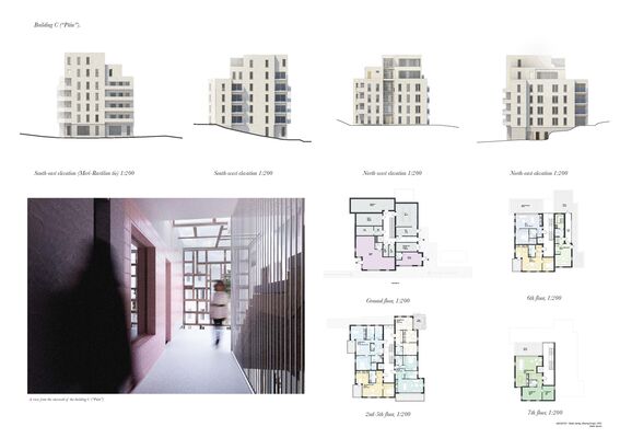 Building elevations and floor plans in pastel colors with a photo of an interior featuring a red wall, large windows and people walking.