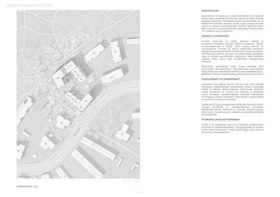 A black and white site plan showing buildings. Surrounding roads, trees and paths are visible.