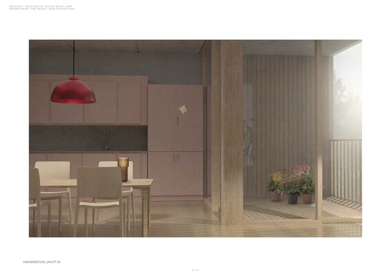 A modern kitchen with pink cabinets, wooden floor, dining table, and potted plants on a balcony. Red lamp above table.