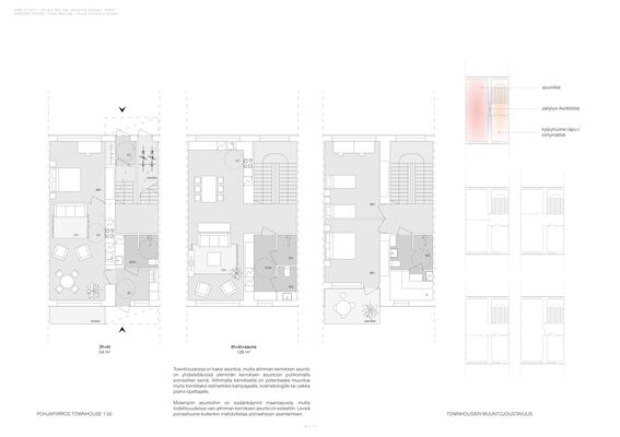 Floor plan of a townhouse with two apartments, showing furniture layout and flexibility of the apartments in detailed drawings.
