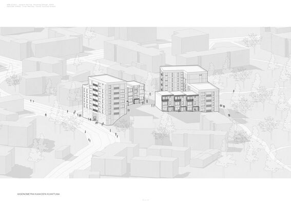 Rendered architectural drawing of two modern buildings with multiple floors positioned within an urban environment. Picture is in shades of grey.
