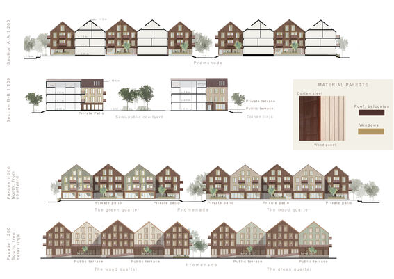 Sections A-A and section B-B, and two facades show wooden buildings with private patios and promenades, including material palette samples.