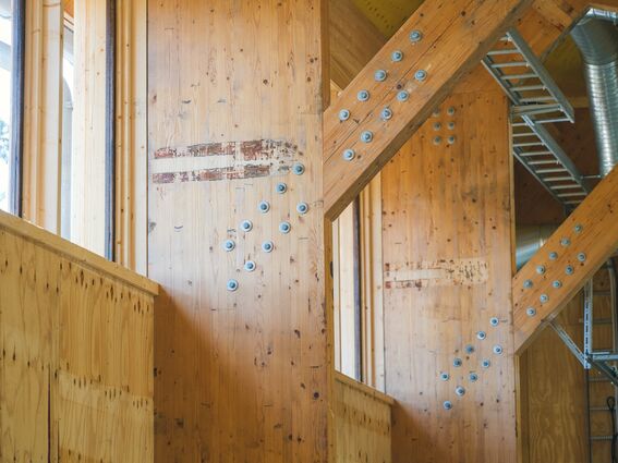 Interior wall and glulam structure of a wooden building with visible bolts.