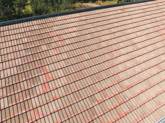 A close-up of a roof covered with beige and red tiles, arranged in neat rows. Trees are visible in the background.