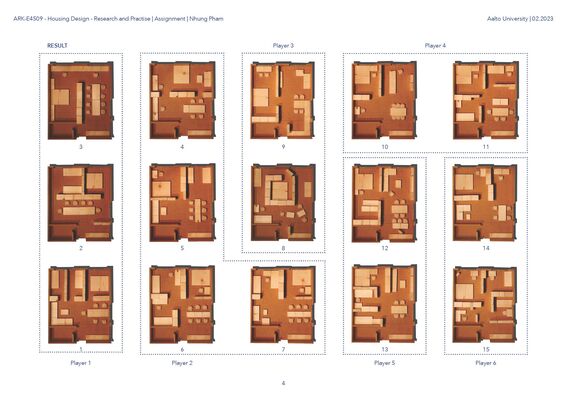 A grid of fifteen wooden architectural floor plans labelled by players and numbers.