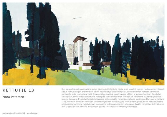 Illustration of a white, multi-storey building surrounded by tall, dark trees and grassy patches under a bright sky.