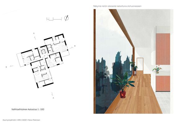 Architectural floor plan on the left and colorful interior illustration on the right with large windows and potted plants.