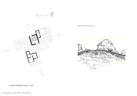 Architectural rooftop plan and sketch of terrace view with trees in background.