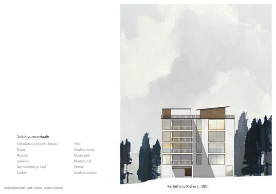 Facade illustration of a modern multi-storey building with large windows, surrounded by trees, and labelled facade materials.