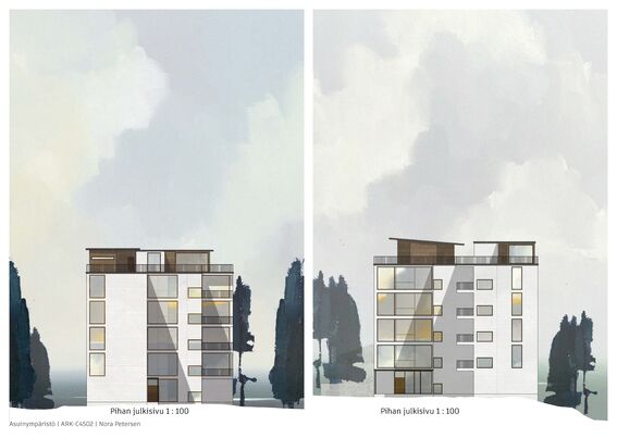 Two architectural elevations of a five-storey white building with balconies, set against a light cloudy sky and dark trees.