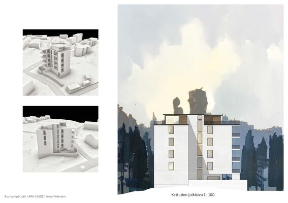 Architectural 3D-models and elevation of a modern, multi-storey apartment building set against a backdrop of trees and a cloudy sky.