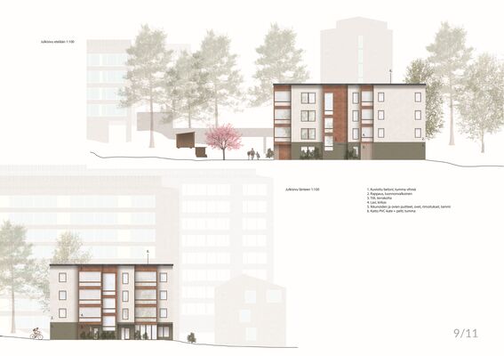 Architectural elevations of a modern building with trees and greenery. A cyclist and people walking are visible.