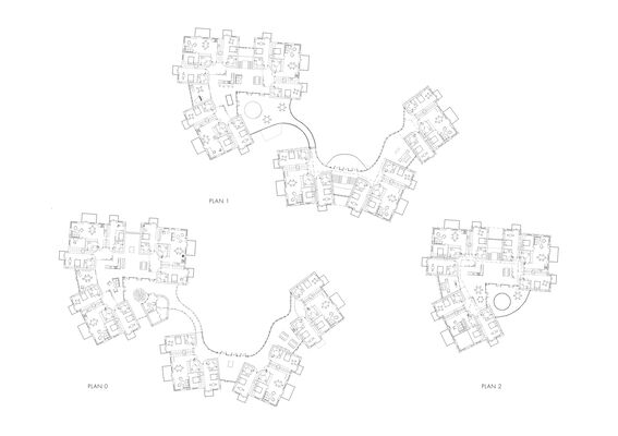 A blueprint of a building's three floors displaying various rooms and common areas.