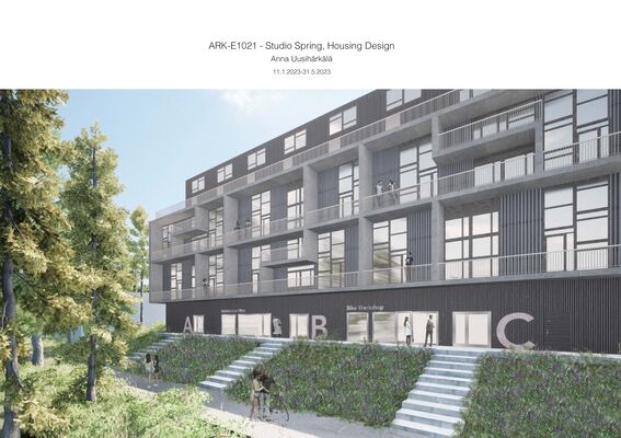 Modern multi-storey housing design with large windows, balconies, and surrounding trees. People are walking near the entrance.