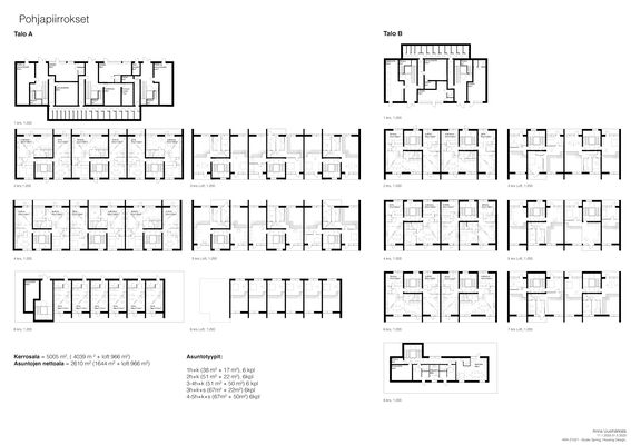 Floor plans of two buildings with various apartment layouts, apartment sizes and types mentioned below.